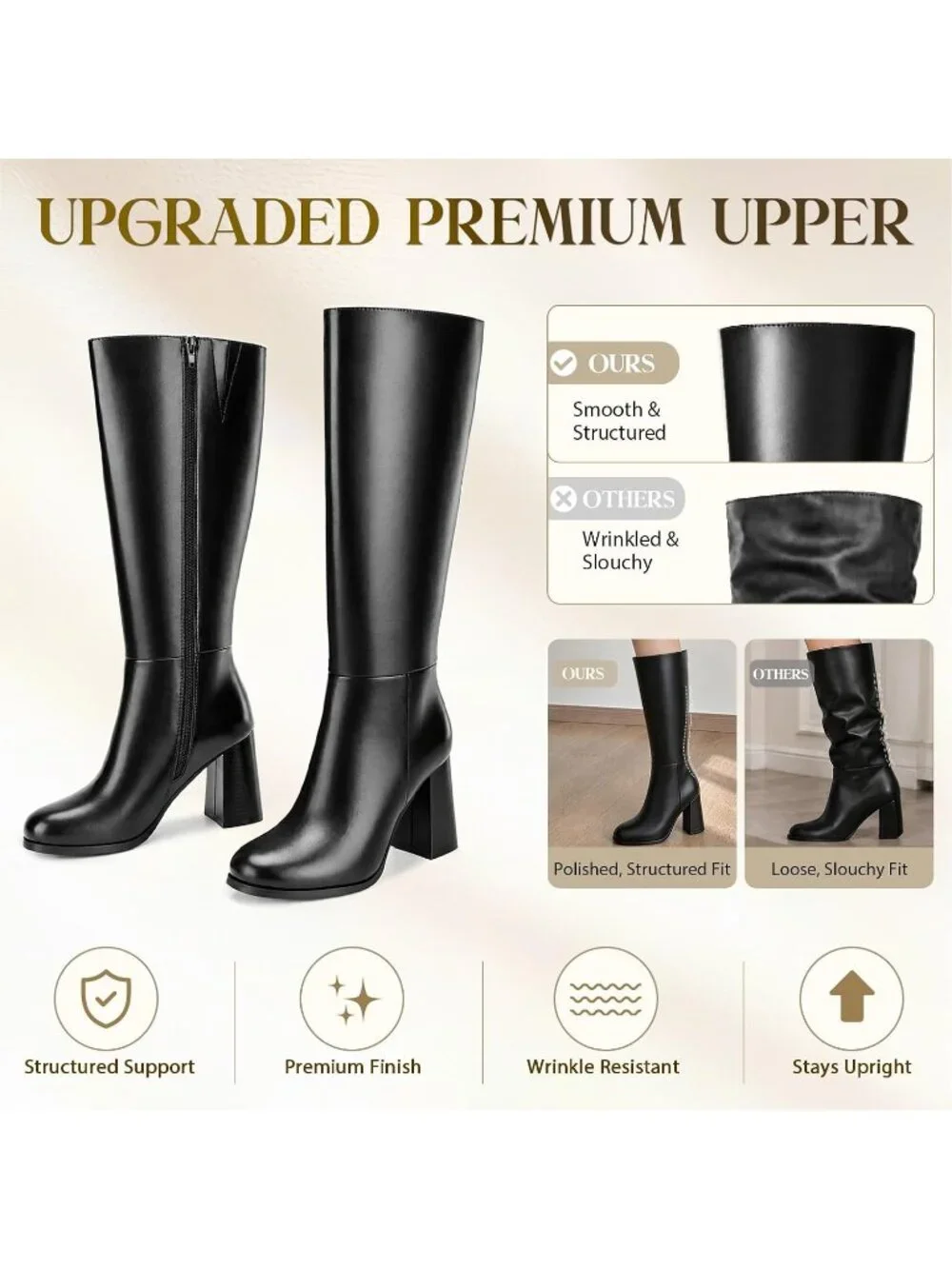 Women's Black Round Toe 3.35 Inch Chunky Block Heel Slouchy Knee High Boots